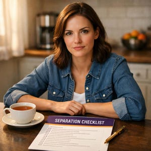 Op de afbeelding: Een vrouw in een spijkerblouse zit aan een houten tafel met een kopje thee en een document "SEPARATION CHECKLIST". Een gouden pen ligt op de checklist. De achtergrond omvat een keuken met een koffiezetapparaat en een kom met sinaasappels.