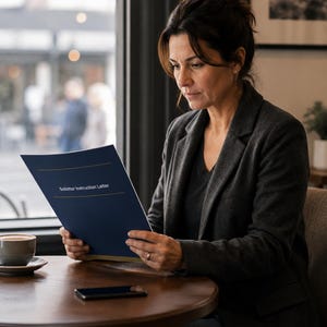 以下が含まれることがあります： グレーのブレザーを着た人が、カフェで「Solicitor Instruction Letter」と書かれた濃い青色の書類を読んでいます。木製のテーブルにはコーヒーカップとスマートフォンが置かれています。背景には窓とぼやけた外の景色があります。