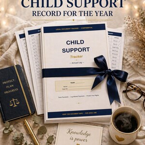 Pode incluir: Um conjunto de livros de registro de pensão alimentícia com uma fita azul marinho, uma caneta dourada e uma caneca de café com um design de coração. O texto na capa diz "Child Support Tracker - Annual Log". A imagem também inclui o texto "Knowledge is power".