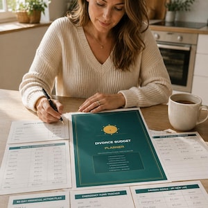 Op de afbeelding: Een persoon schrijft op financiële planningsdocumenten, waaronder een "Divorce Budget Planner". De documenten liggen op een lichtgekleurde houten tafel, met een mok koffie in de buurt. De planner heeft een teal en goud ontwerp.