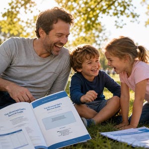 May include: A father and two children are laughing together while reading a book outdoors. The book is titled "The Divorced Dad's Survival Guide". They are sitting on the grass in a park on a sunny day.