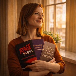 Könnte beinhalten: Eine Person hält drei Bücher. Die Titel lauten: "Rage Pages - Divorce Edition", "Separation Checklist" und "30-Day Glow Up Challenge". Die Bücher haben dunkle Einbände mit weißem und rotem Text. Die Person trägt ein rostfarbenes Oberteil.