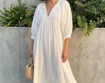 Boho Cotton Midi Dress, Lantern Sleeve Loose Summer Dress