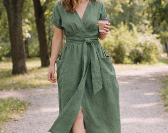 Vestido midi cruzado con bolsillos, vestido de verano con cinturón, estilo casual con escote en V.