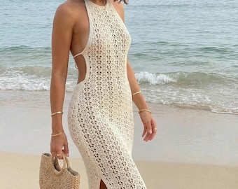Backless Crochet Maxi Dress, Halter Beach Cover Up, Boho Summer Vacation Dress