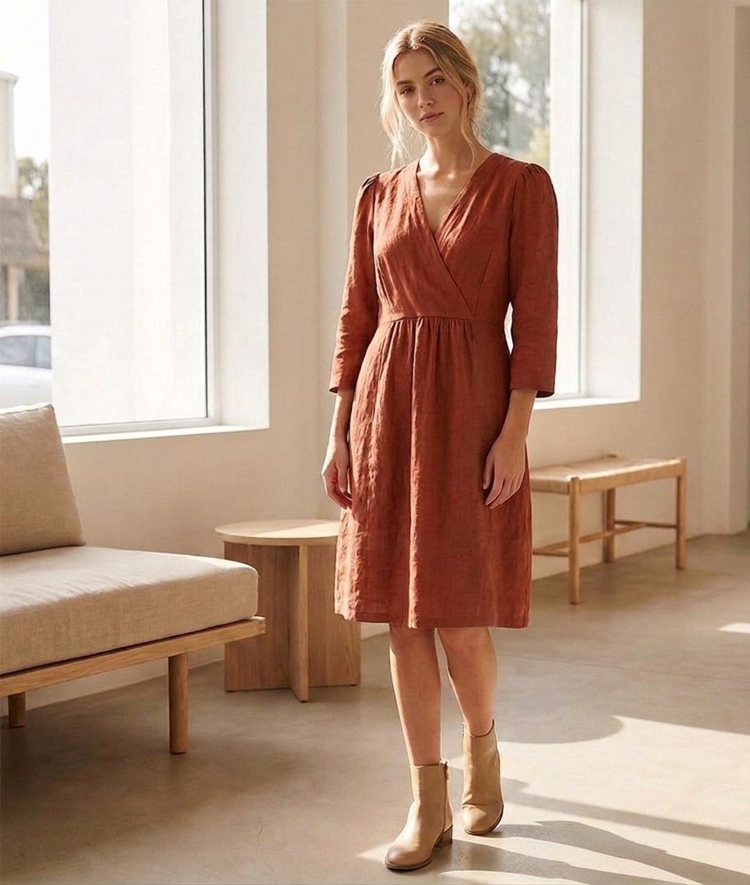 Cotton Linen Midi Dress, V Neck Wrap Style Dress, Flowy A Line Casual ...