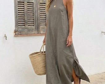 Cotton Linen Maxi Dress, Spaghetti Strap Summer Dress, White Black Army Green