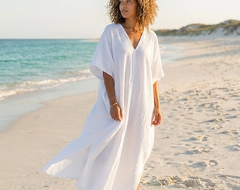 Cotton Gauze Kaftan Dress, V Neck Loose Maxi Dress, Beach Cover Up Dress