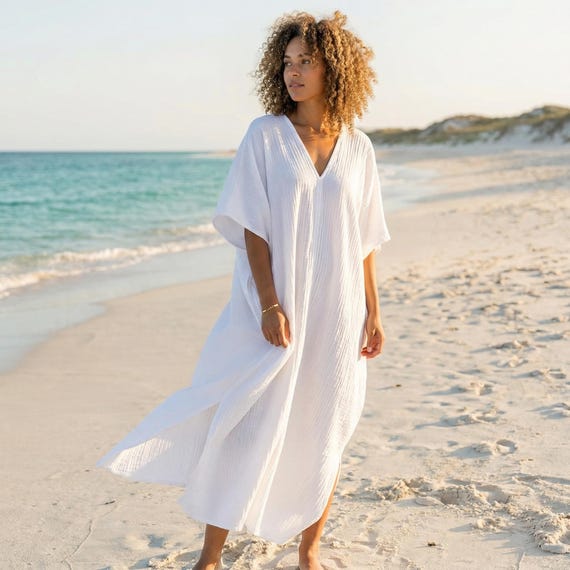 Cotton Gauze Kaftan Dress, V Neck Loose Maxi Dress, Beach Cover Up Dress