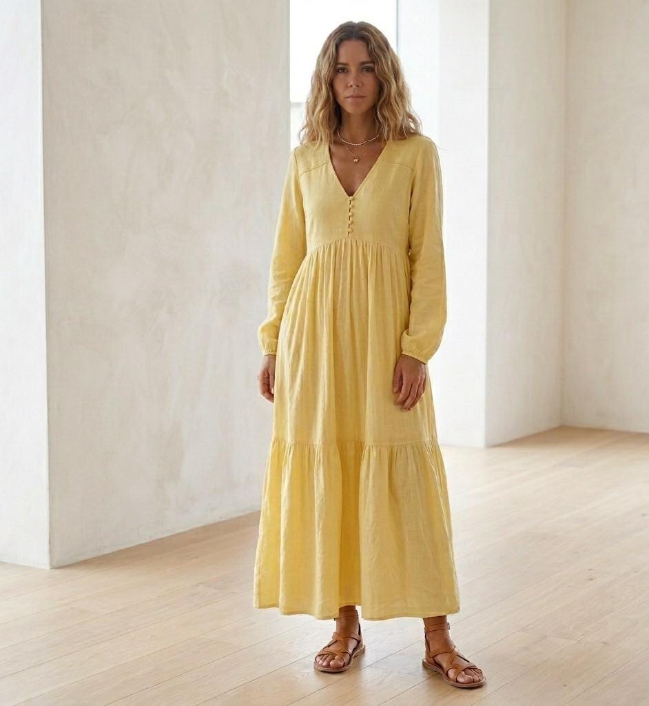 pale yellow long flowy dresses THE CAROLYN DRESS in PALE Yellow Striped Gauze PALE Yellow Striped Gauze / 2022SP342 PYSG / 0 main image 0