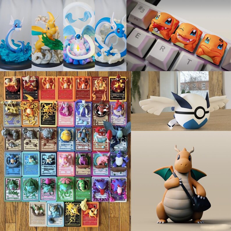 Custom 3d printed pokeball, pokemon keychain designs, and highly detailed 3D printable trading cards.