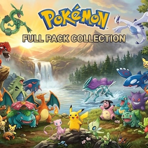 Könnte beinhalten: Eine lebendige Illustration mit zahlreichen Pokémon-Charakteren, darunter Pikachu, Charizard und Blastoise, vor dem Hintergrund eines Wasserfalls und einer üppigen Landschaft. Der Text "Pokémon FULL PACK COLLECTION" ist oben zu sehen.