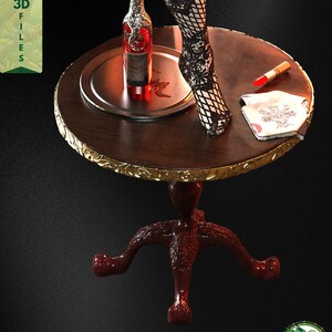 May include: A close-up of the themed base from a gothic horror STL statue featuring a wooden side table, wine bottle, lipstick, and decorative display details for collector figure and resin print listings.