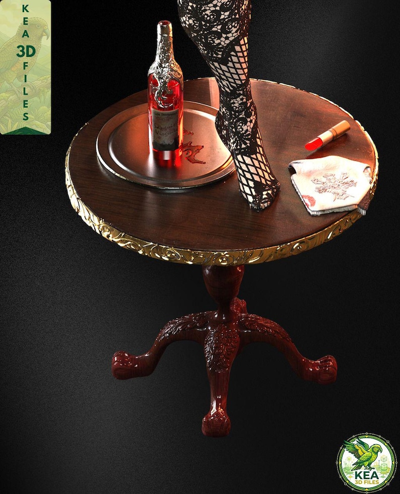 May include: A close-up of the themed base from a gothic horror STL statue featuring a wooden side table, wine bottle, lipstick, and decorative display details for collector figure and resin print listings.