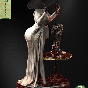 May include: A rear angle of an Alcina-inspired 3D print model showing the long draped gown, wide hat, lace stocking detail, and round display base in a dramatic gothic collector presentation.