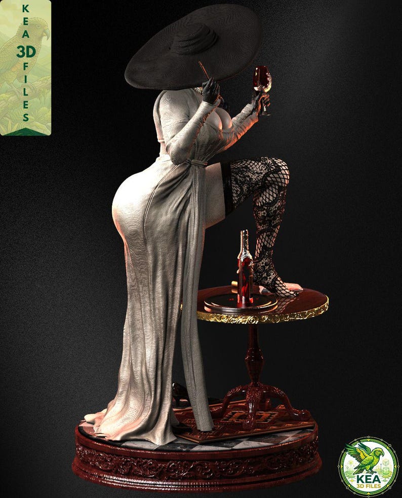 May include: A rear angle of an Alcina-inspired 3D print model showing the long draped gown, wide hat, lace stocking detail, and round display base in a dramatic gothic collector presentation.