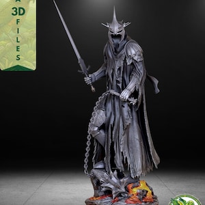 May include: A grey, detailed figurine of a hooded, armored warrior wearing a spiked crown, holding a long sword in one hand and a spiked flail in the other. The figure stands on a rocky base with orange and red lava-like details. Text reads KEA 3D FILES.