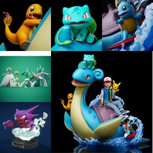 Classic starter pokemon figure models and detailed character dioramas for 3D print collections.