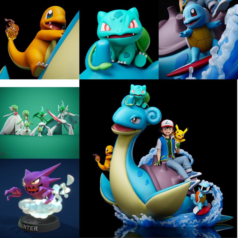 Classic starter pokemon figure models and detailed character dioramas for 3D print collections.