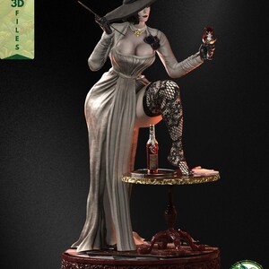May include: A three-quarter view of a gothic horror STL statue with a wide-brim hat, flowing dress, lace leg detail, wine glass accessory, and elegant collector-style pose for fantasy and horror display projects.