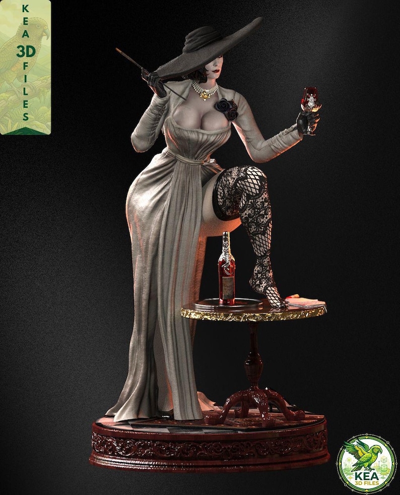 May include: A three-quarter view of a gothic horror STL statue with a wide-brim hat, flowing dress, lace leg detail, wine glass accessory, and elegant collector-style pose for fantasy and horror display projects.