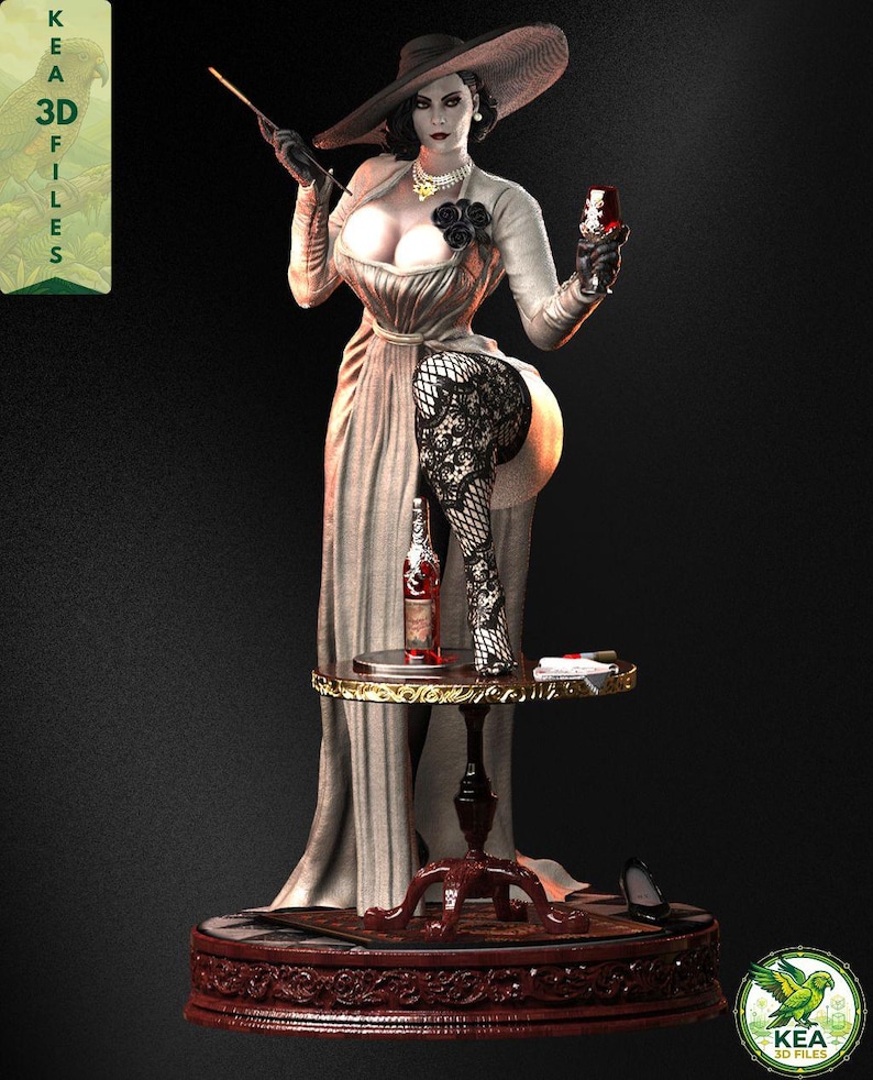 May include: A front view of an Alcina Dimitrescu inspired STL statue featuring a wide hat, long elegant dress, lace stocking details, a wine glass, and a round collector base designed for 3D printing and display. Resident Evil.