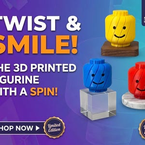 May include: Three 3D printed figurine heads in yellow, blue, and red, each featuring a smiling face and a twisted texture. The yellow head sits on a wooden base, the blue on a clear cube, and the red on a marble-patterned circular base.