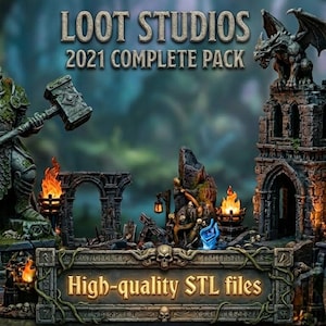 May include: An advertisement for Loot Studios' 2021 Complete Pack, showcasing fantasy miniatures and terrain. The image displays a stone warrior statue, a gothic tower with a gargoyle, and other structures, all with a detailed, dark aesthetic. The text "High-quality STL files" is also visible.