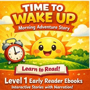 Può includere: Copertina di un libro per bambini con il titolo "TIME TO WAKE UP" in giallo e arancione. Una sveglia segna le 10:07. Un sole sorridente sorge sopra cespugli verdi. Il libro si intitola "Learn to Read!" ed è per "Level 1 Early Reader Ebooks".