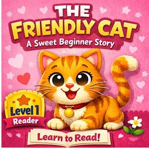 Puede incluir: Portada de libro infantil con un gato atigrado naranja de dibujos animados que lleva un collar rojo y un colgante dorado. El título dice "The Friendly Cat" encima de "A Sweet Beginner Story". La portada es rosa con corazones y estrellas, y el texto dice "Level 1 Reader" y "Learn to Read!"