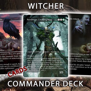 Könnte beinhalten: Ein Commander-Deck mit drei Fantasy-Karten mit detaillierten Illustrationen. Die Karten zeigen einen Raben, eine vogelscheuchenartige Figur und ein Geisterbild. Der Text "Witcher" und "100+ Cards Commander Deck" sind ebenfalls sichtbar.