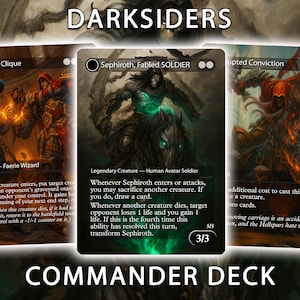 May include: Three rectangular trading cards from a Darksiders Commander deck. The centre card features Sephiroth, Fabled SOLDIER, a legendary creature with black and green artwork. The flanking cards display Puppeteer Clique and Corrupted Conviction.