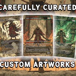May include: The image displays custom artwork cards with the text "CAREFULLY CURATED" and "CUSTOM ARTWORKS". The cards feature fantasy art with characters and text. The cards have a dark, detailed aesthetic.