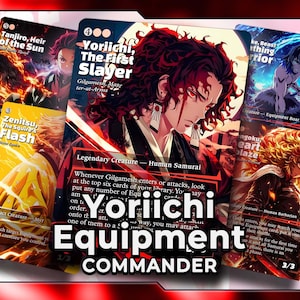 Könnte beinhalten: Eine Sammlung von fünf Sammelkarten mit Illustrationen im Anime-Stil. Die zentrale Karte zeigt Yoriichi, The First Slayer, einen menschlichen Samurai mit dunklem Haar und roten Augen. Weitere Karten zeigen Tanjiro, Zenitsu und Rengoku.