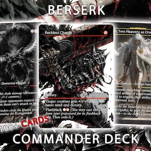May include: A collection of over 100 trading cards for a Commander deck themed around Berserk. The cards feature dark, detailed illustrations of armoured warriors and creatures in black, white, and red, with printed game text and ability descriptions.