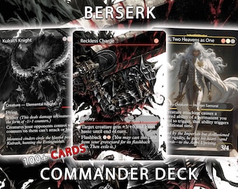 Może przedstawiać: Zestaw ponad 100 kart kolekcjonerskich do talii Commander z motywem Berserk. Karty zawierają mroczne, szczegółowe ilustracje opancerzonych wojowników i stworzeń w kolorach czerni, bieli i czerwieni, wraz z nadrukowanym tekstem gry i opisami.