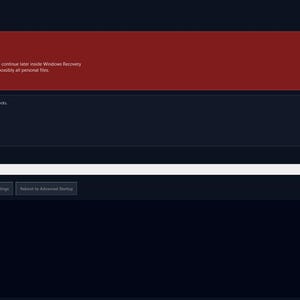 May include: A dark blue screen displays the FabriQ Recovery Launcher. A red banner at the top warns the app does not factory reset your PC. Below are options to check disk status, fix boot issues, open recovery settings, and reboot.