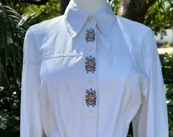 Vintage Laura Ashley White Cotton Blouse Floral Embroidery Button Up Top