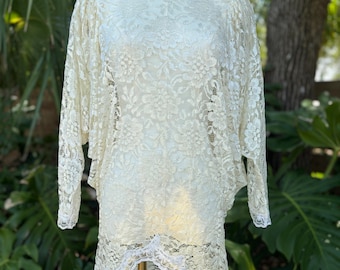 Vintage Ivory Lace Mini Dress | Victorian Revival Lace Top Dress | Sheer High Neck Lace Dress | Romantic Bridal Layering | S–M