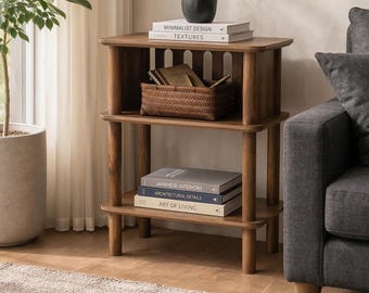 Mesita auxiliar minimalista de madera con almacenamiento / Mesa auxiliar de madera de 3 niveles / Mesita de noche moderna Japandi / Muebles para salas de estar pequeñas.