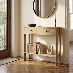 May include: A light wood console table with two drawers, a lower shelf, and a woven basket. A round mirror with a gold frame hangs above the table. A black bowl and a candle holder are on the table.