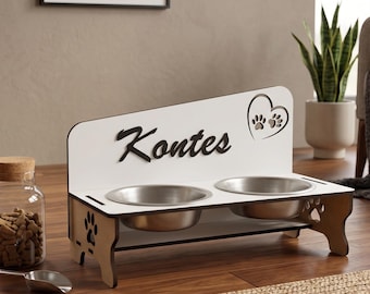 Tigelas elevadas personalizadas em aço para animais de estimação, estação de alimentação para cães com nome personalizado, tigela para gatos em madeira e aço inoxidável, suporte elevado para ração canina.