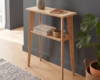 Schmaler Konsolentisch aus Holz | Eingangsbereichmöbel im Mid-Century-Stil | Minimalistischer Flurständer | Skandinavisches zweistöckiges Regal | ZKHomeCraft Dekor.
