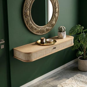 Floating Wood Console Table | Fluted Entryway Shelf | Wall Mounted Hallway Desk | Mid Century Vanity with Drawer.