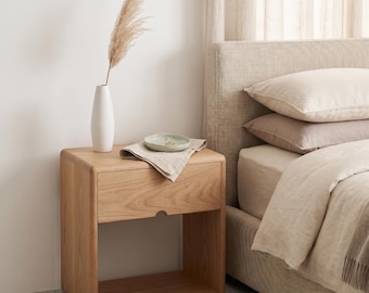 Minimalist Light Oak Nightstand Scandinavian Bedside Table Modern Japandi Side Drawer Furniture Mid Century Small Space Solid Wood Stand.