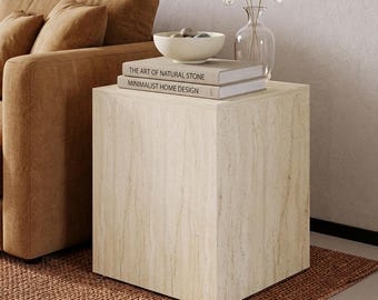 Minimalist Wooden Travertine Marble Cube Side Table, Modern Stone End Table, Luxury Neutral Home Decor, Living Room Pedestal Table