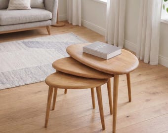 Solid Oak Nesting Table Set of 3 | Mid Century Modern Coffee Table | Scandinavian End Table | Organic Pebble Wood Side Table. ZKHomeCraft