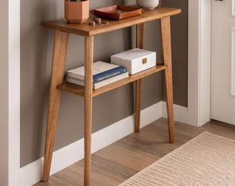 Schmaler Konsolentisch aus Holz | Mid-Century Möbel | Minimalistischer Flurständer | Skandinavisches Regal mit zwei Ebenen | ZKHomeCraft Dekor.
