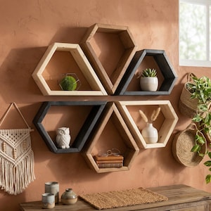 Geometric Wooden Wall Shelf | Hexagonal Flying Bookcase | Bohemian Home Decoration | Rustic Massive Exhibition Stand | ZKHomeCraft