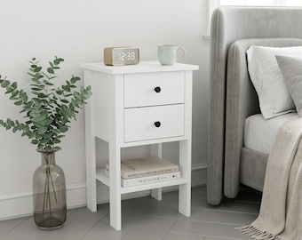 Mesita de noche moderna blanca con 2 cajones y estante abierto. Mesa de noche minimalista de madera de estilo escandinavo. Mueble de almacenamiento para dormitorio.
